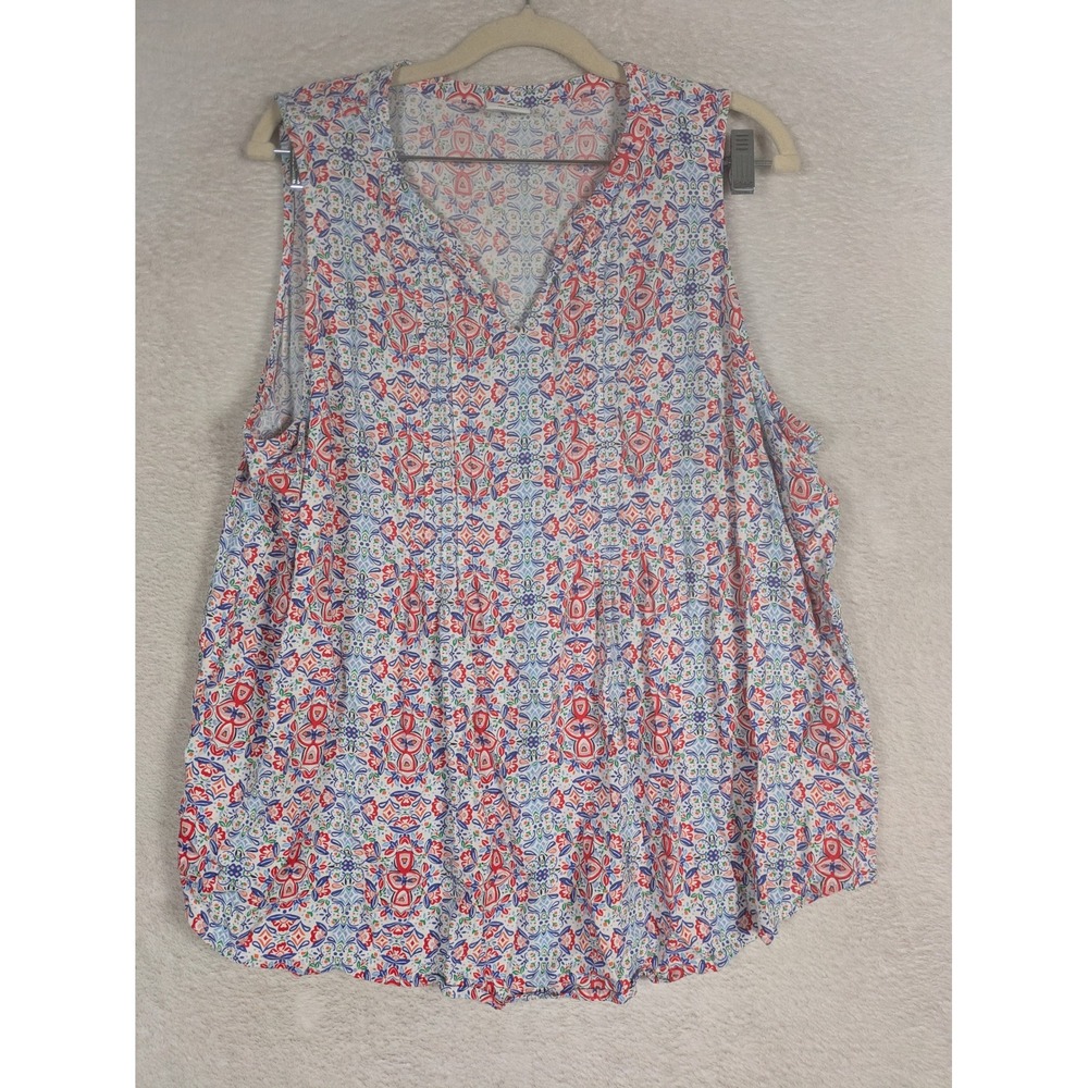 Croft & Barrow Tank Top Women's XXL White Red Blue Geometric Floral Pleated